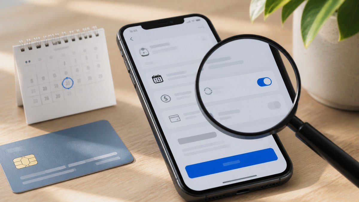 Смартфон с пробна оферта, платежна карта и календар за следващо таксуване