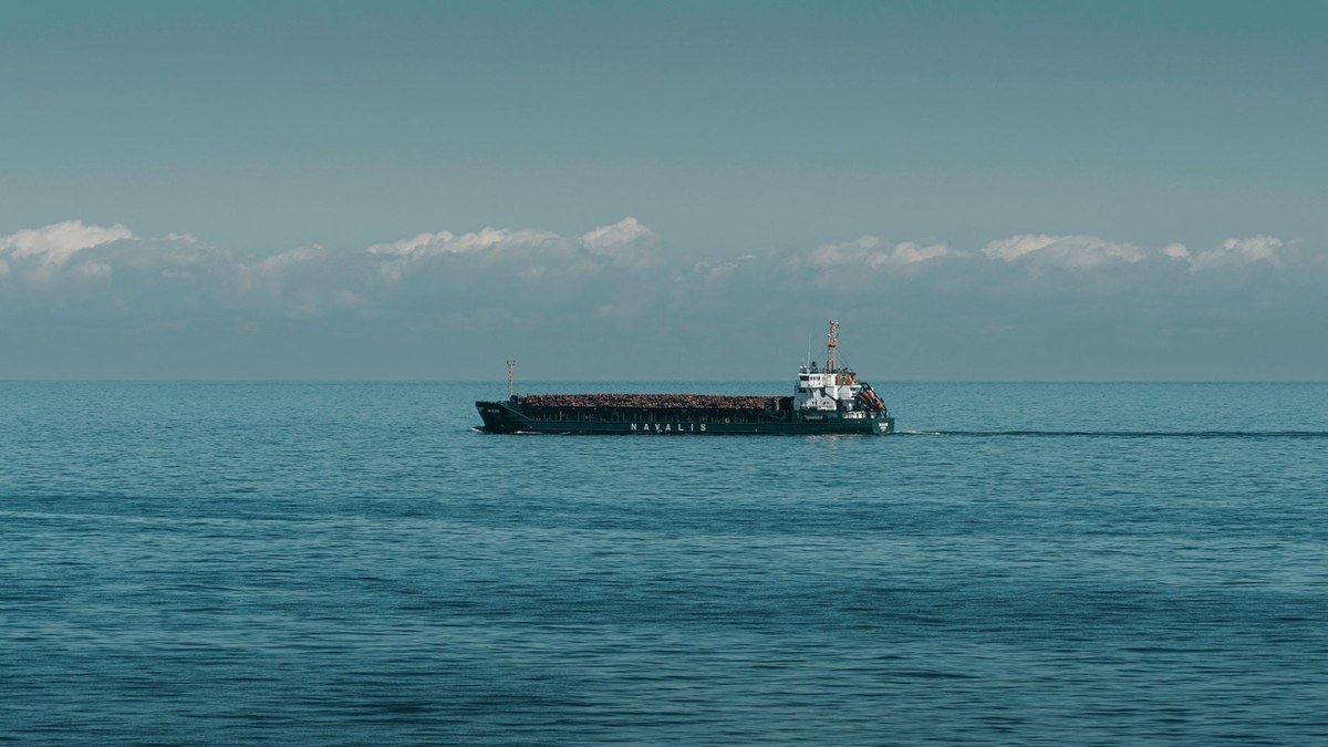 Товарен кораб в спокойно море, илюстративна морска среда