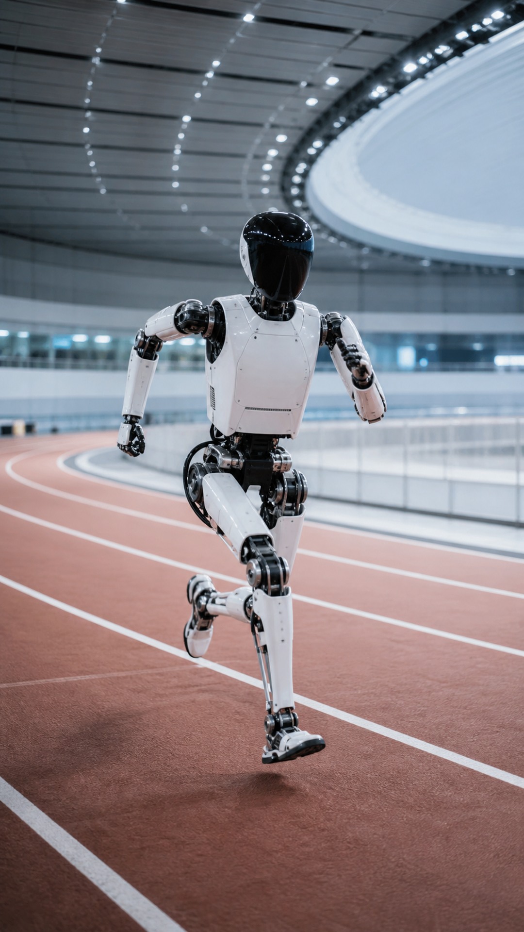 AI илюстрация на хуманоидни роботи на закрита състезателна писта в Пекин без лога